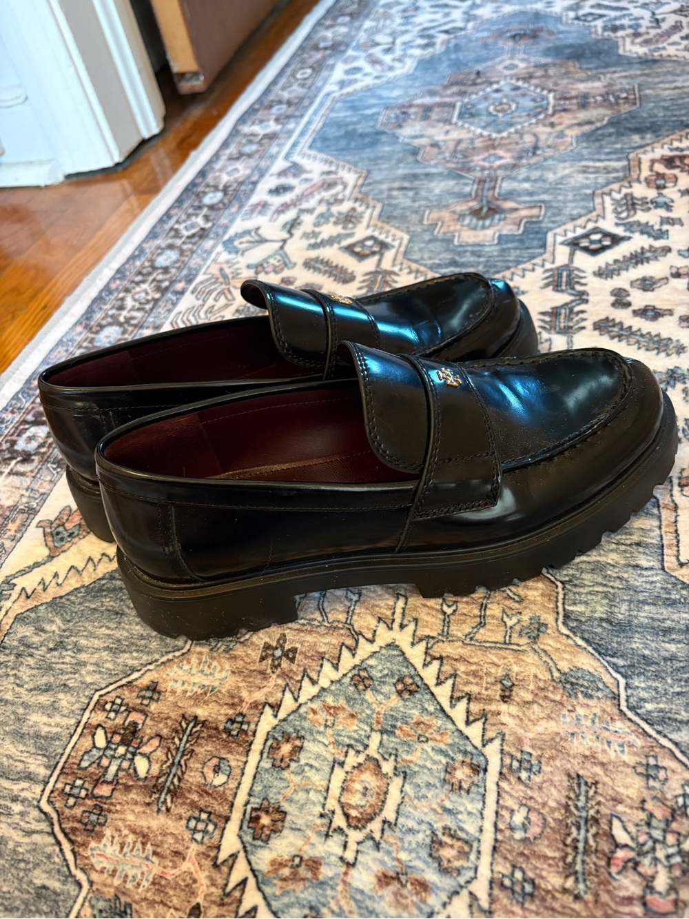 Tory Burch Black Leather Chunky Penny Loafers